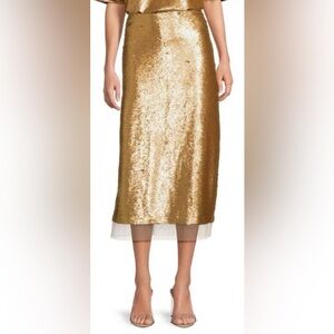 Le' AL.X Gold Sequin Knit High Rise Sheath Slip Midi Sheer Hem Skirt